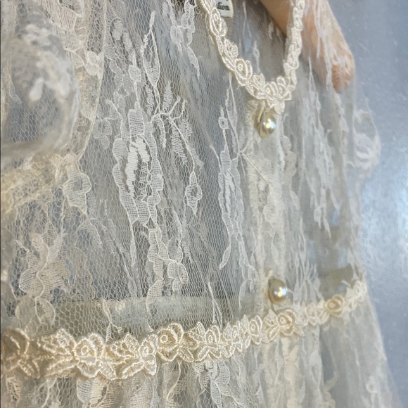 Vintage Elena Collection Ivory Lace Dress – Pearl Button Sheer Overlay Over Slip - Picture 7 of 16